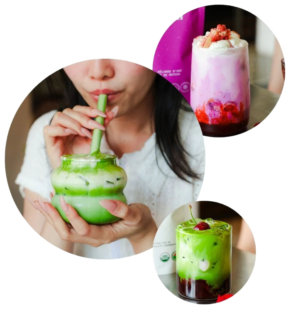Matcha Ninja drinks: iced matcha with a straw, pink strawberry matcha with cream, and an iced cherry matcha